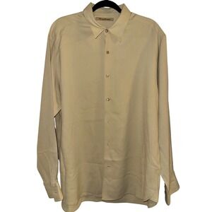 Tommy Bahama Mens Large 100% Silk Textured Waffle Weave Button Down Shirt Tan